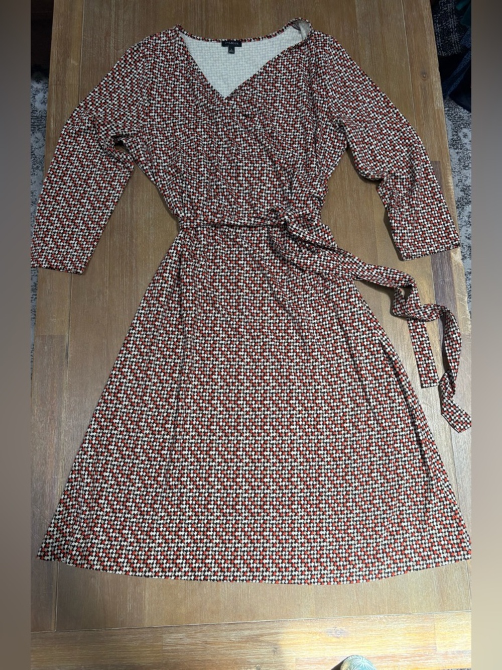 Talbots Red & Cream Wrap Dress with Tie Waist